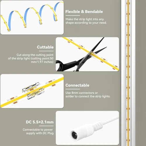 Miniatura 6 de MIWISE Tira de luz LED COB 20 pies/6.1m, CRI 90+ Luz blanca cálida 2700K Alta luminosidad súper brillante Flexible DC24V Tira de luz LED