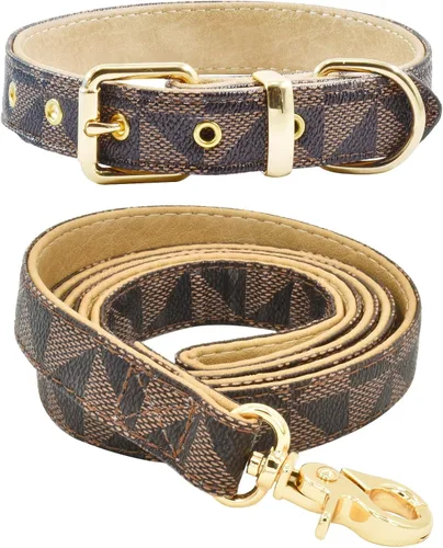 Miniatura 9 de Juego de collar y correa de cuero para perro, correas de collar de perro con patrón de cuadros, hebilla de metal ajustable y duradera para perros