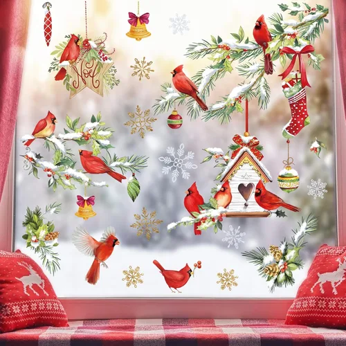 Miniatura 11 de Wondever Pegatinas de pared de camiones rojos - Gnomos, árbol de Navidad, calcomanías de arte para ventana para fiesta, decoración navideña