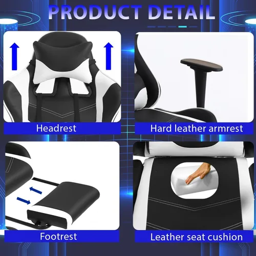Miniatura 5 de Silla de juegos con reposapiés y soporte lumbar, silla reclinable de altura ajustable con respaldo alto para adultos, giratoria 360, color azul
