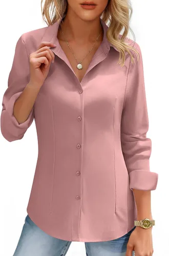 Miniatura 9 de HOTOUCH Camisas de mujer con botones de manga larga, camisa de vestir ajustada, blusas de trabajo, cuello, elegantes, casuales, de negocios