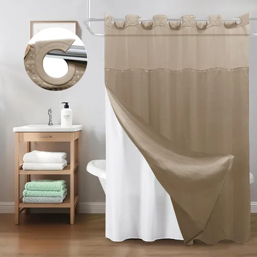 Miniatura 8 de Inhousolu - Cortina de ducha sin gancho con juego de forro de tela a presión, tejido waffle 230 GSM dobladillo con peso, impermeable y lavable