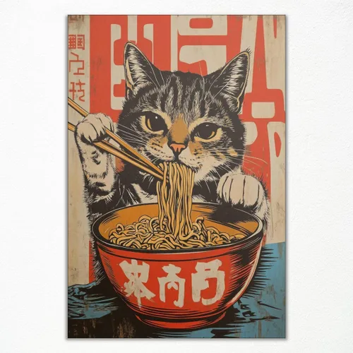 Miniatura 15 de Arte de pared vintage de gato japonés en lona, póster de gato negro peculiar comiendo ramen, impresión de arte retro de animales divertidos
