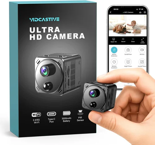 VIDCASTIVE Mini cámara oculta 4K de doble banda 2.4/5GHz WiFi cámara de seguridad interior con detección humana AI, visión nocturna, almacenamiento