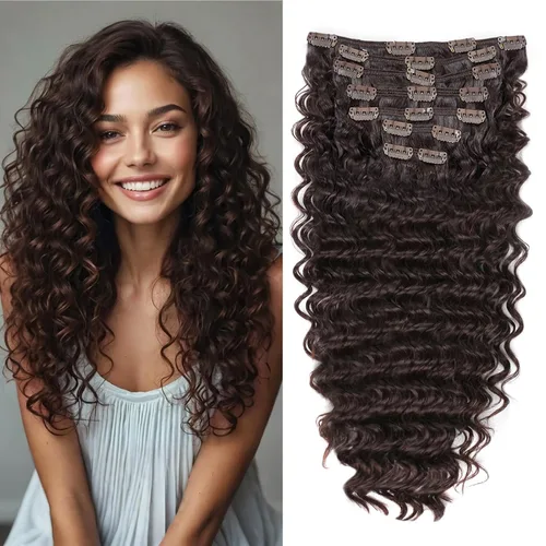 Miniatura 21 de Extensión de cabello humano con clip de onda profunda de 24 pulgadas, postizo de doble trama, sintético para mujeres, extensiones de cabello grueso