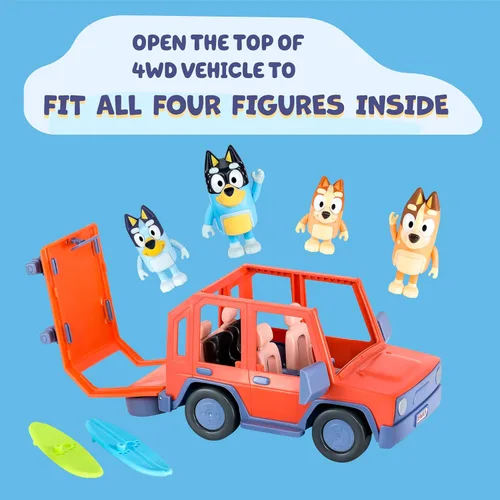 Miniatura 4 de Bluey Heeler - Coche de juguete familiar 4WD para niños pequeños con 4 figuras, tablas de surf y hoja de calcomanías, juego de simulación, juguetes