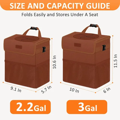 Miniatura 7 de Vankor Cubo de basura para coche, marrón, capacidad de 2.2 galones, impermeable, material de poliéster, correa ajustable, diseño colgante, forro a