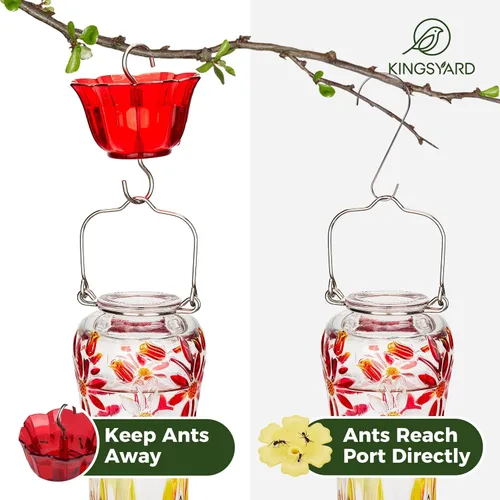 Miniatura 7 de Kingsyard Comedero para colibríes para colgar al aire libre, 25 onzas, alimentador de néctar de vidrio para colibríes con foso de hormigas y 6