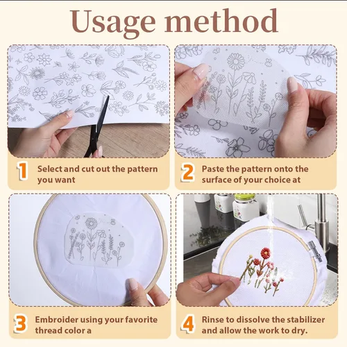 Miniatura 3 de 72 patrones de bordado solubles en agua, papel de bordado de palo y puntada, patrones de costura a mano de flores silvestres, patrón de bordado