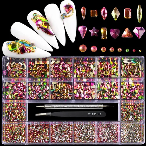 Yzzseven 12 tipos de coloridos 600 diamantes + 2500 diamantes de imitación planos, mezcla de 20 estilos con parte trasera plana, manualidades,
