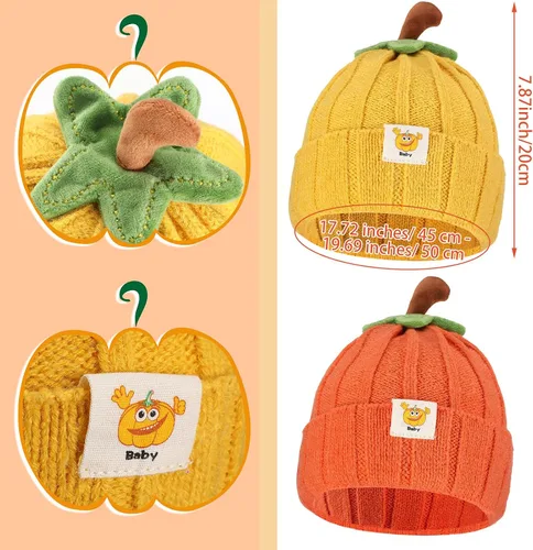 Miniatura 4 de Mepase 2 piezas de Halloween Baby Pumpkin Hat Infant Kids Pumpkin Beanie Winter Cute Knit Hat Newborn Beanie Baby Winter Cap Soft Boy Girl Acción