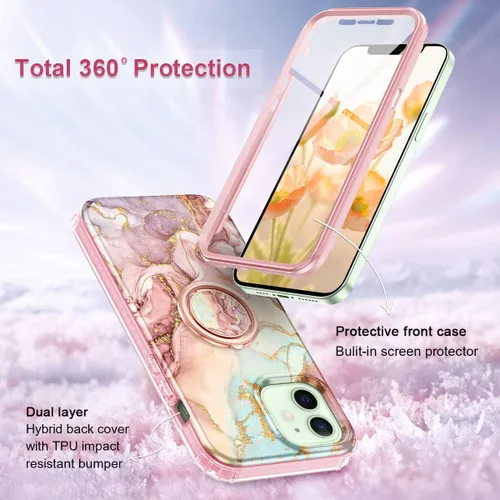 Miniatura 2 de Btscase Funda para iPhone 12/iPhone 12 Pro de 6.1 pulgadas, protector de pantalla integrado con soporte de anillo de 360°, cuerpo completo de doble