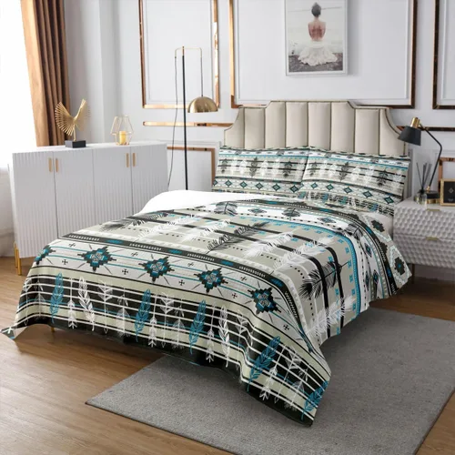 Miniatura 3 de Erosebridal Juego de colcha étnica tribal con flechas geométricas aztecas, acolchado occidental, tribu africana, exótico, atrapasueños, plumas