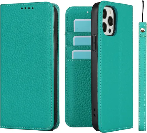 Miniatura 22 de iCoverCase Compatible con iPhone 13 Pro Max, funda magnética de piel auténtica con bloqueo RFID, correa para la muñeca y ranuras para tarjetas, Rojo