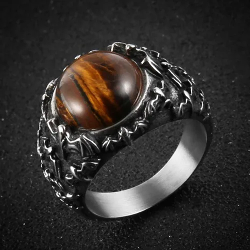 Miniatura 2 de HZMAN Anillo de boda retro de acero inoxidable gótico con piedra de ojo de tigre, turquesa, talla 7-14
