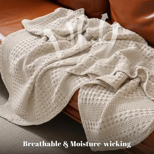 Miniatura 3 de PHF - Manta tejida de punto gofre 100% algodón, suave, ligera, transpirable, acogedora, de verano, para sofá y cama, tejida, estética, decoración 01