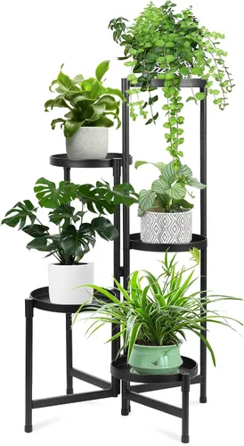 Miniatura 15 de Soporte negro de 2 niveles para plantas en interiores, 30 pulgadas de alto, estante de esquina de metal resistente para plantas estrechas para piso