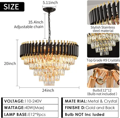 Miniatura 5 de Candelabro de cristal moderno dorado de 5 niveles para sala de estar, lámpara de araña grande de cristal negro, lámpara colgante de techo