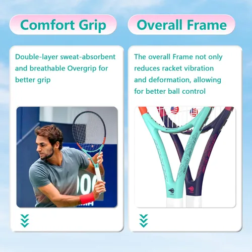 Miniatura 5 de Raqueta de tenis para 2 jugadores adultos, perfecta para principiantes y jugadores profesionales, raqueta de tenis de velocidad de 27", incluye Azul