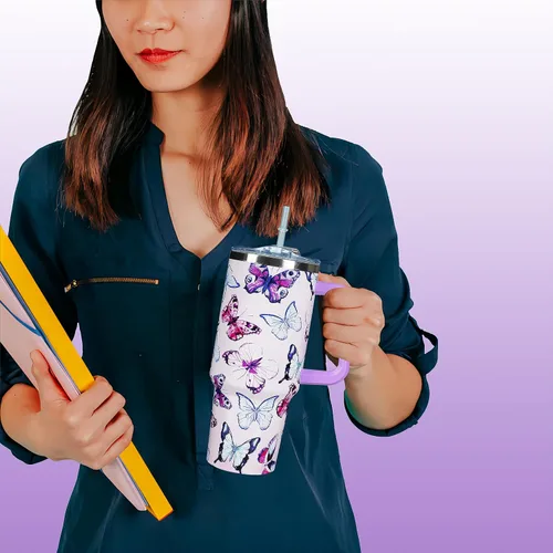 Miniatura 3 de Vaso de 40 onzas con asa de 40 onzas con diseño de mariposa morada con tapa, popote con doble aislamiento, taza de café de viaje, regalo de mariposa