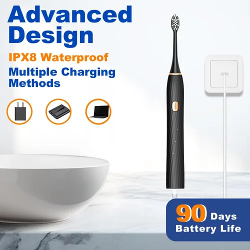 Miniatura 4 de FXQQZZ Cepillo de dientes eléctrico para adultos y niños, con raspador de lengua y estuche de viaje, 8 cabezales de cepillo, temporizador