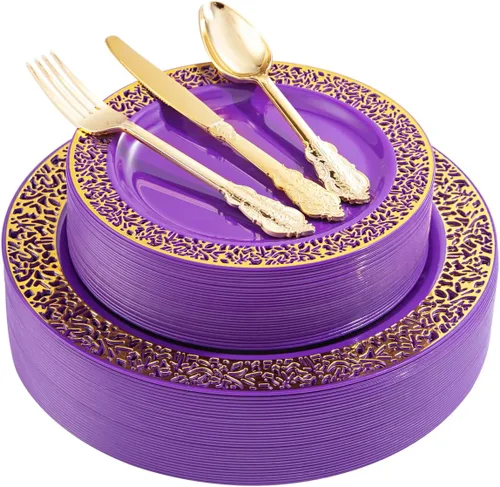U-QE 150 platos de plástico dorado morado con cubiertos dorados, platos de plástico dorados para fiestas y bodas, incluyen 30 platos llanos de 10.25