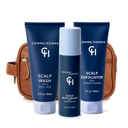 Comme Homme Paquete de cuidado del cuero cabelludo definitivo para hombres calvos, rutina de 3 pasos con lavado del cuero cabelludo, exfoliante e