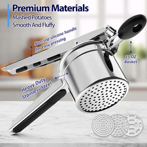 Miniatura 4 de Ricer de patatas, ricer para puré de patatas, 3 discos intercambiables Triturador de patatas de acero inoxidable para puré de patatas esponjoso
