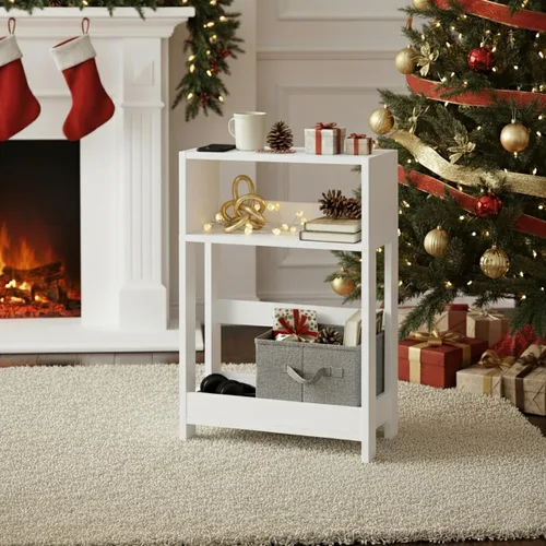Miniatura 8 de Mesa auxiliar estrecha de 3 niveles, mesa auxiliar delgada y mesita de noche para espacio pequeño, color blanco Marrón rústico