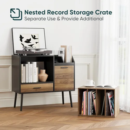 Miniatura 2 de Semiocthome Soporte para tocadiscos con caja de almacenamiento de vinilo anidable, mesa de tocadiscos con cajón, un gabinete, área de almacenamiento