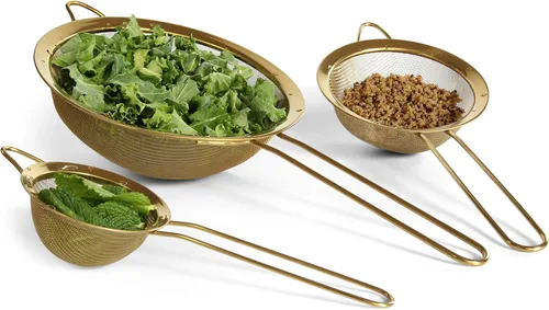 Miniatura 2 de Juego de coladores de malla fina - Acero inoxidable 304 premium (18/8) - Coladores de cocina resistentes de 8, 5.5 y 3.3 pulgadas (dorado)