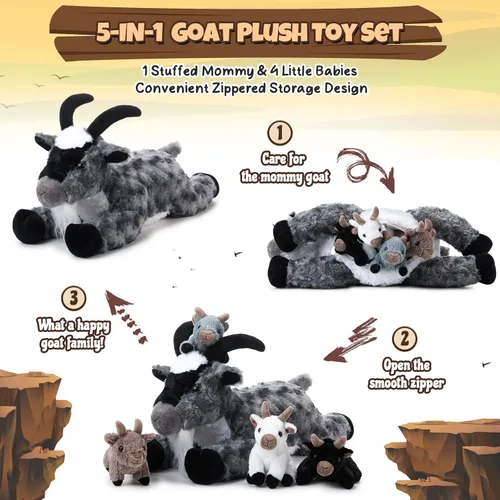 Miniatura 4 de HyDren Juego de 5 piezas de peluche de cabra de 18 pulgadas, peluche de cabra con 4 peluches de bebés en su barriga, almohada de felpa suave de Gris