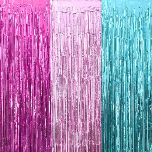 blf Decoraciones de fiesta sorpresa, cortinas de flecos de color rosa fucsia y aguamarina, cortinas de papel de aluminio, decoración de cumpleaños