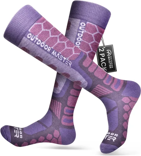 OutdoorMaster Calcetines de esquí de lana merina, 23 pares sobre la pantorrilla, puños antideslizantes para hombres y mujeres, calcetines térmicos