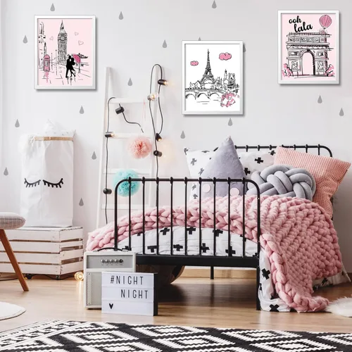 Miniatura 7 de Pajean 9 piezas de decoración de París para dormitorio, baño, arte de pared rosa de París, Torre Eiffel, impresiones artísticas románticas