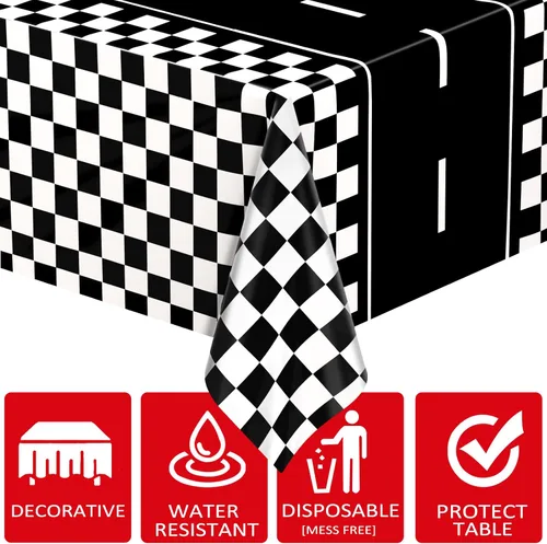 Miniatura 5 de QISOLIY 2 manteles rectangulares desechables con temática de auto de carreras, con bandera a cuadros negros, para decoración de fiestas