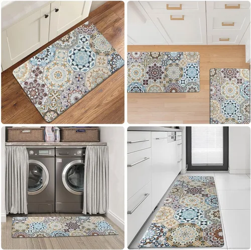Miniatura 7 de Juego de 2 alfombras de cocina, acolchadas y antifatiga, de PVC, antideslizantes, impermeables, cómodas, de pie, para fregadero, lavandería de 17 x