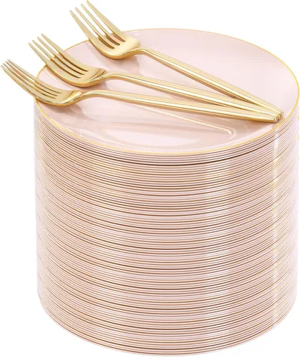 Miniatura 12 de Rubtlamp 200 piezas de platos de postre dorados transparentes con tenedores de plástico dorados, 100 piezas de platos de 7.5 pulgadas para Claro