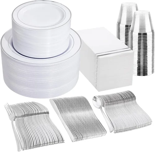 Miniatura 23 de GATHER 350 platos de plástico dorados. El juego de vajilla de plástico desechable blanco y dorado incluye 50 platos llanos, 50 platos de postre, 150