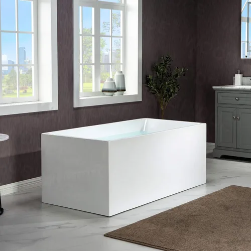 Miniatura 3 de WOODBRIDGE Bañera de acrílico independiente de 67 pulgadas, bañera blanca de remojo contemporáneo con desbordamiento y drenaje de oro cepillado