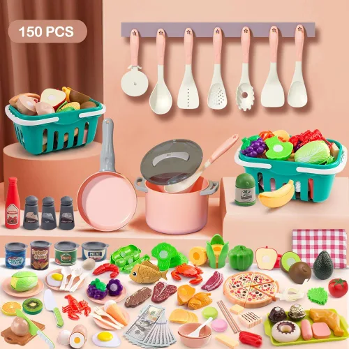 Miniatura 2 de Juego de cocina de 150 piezas, accesorios de utensilios de cocina de juguete para niños pequeños, comida, manta de picnic, frutas, verduras, paquete