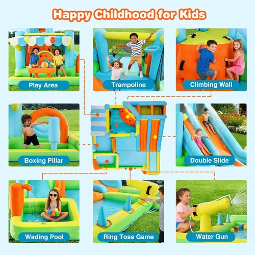 Miniatura 5 de JOYLDIAS Casa inflable de rebote para niños, parque acuático inflable de lujo resistente con toboganes dobles, pared de escalada, piscina y toldo