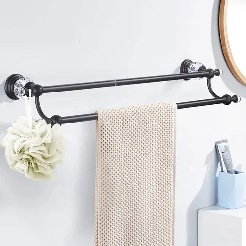 Miniatura 2 de WINCASE Toallero de cristal, toallero ajustable doble negro mate, colgador de toallas de baño, soporte para toallas montado en la pared