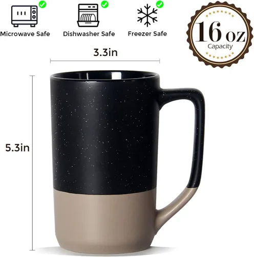 Miniatura 2 de Taza de café grande de 16 onzas, combinación de dos colores, taza de té grande de cerámica con mango cuadrado con moteado blanco para hombres y Negro