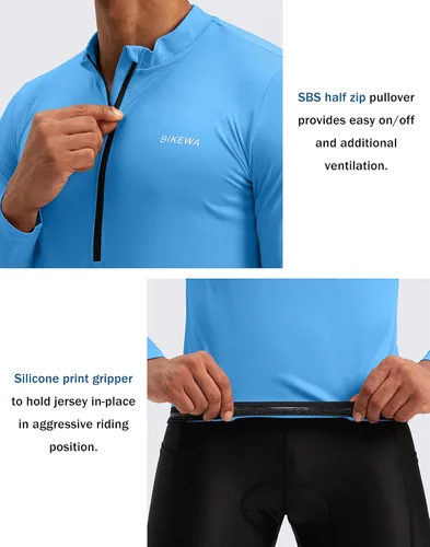 Miniatura 4 de Bikewa Maillot de ciclismo para hombre con 3+1 bolsillos traseros con cremallera, manga larga, absorción de humedad, UPF 50+ media cremallera