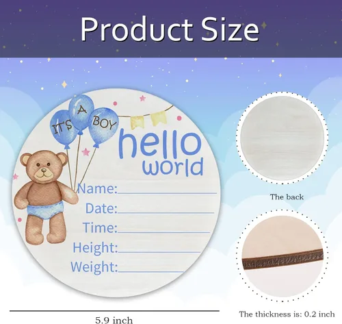 Miniatura 3 de Hello World Birth Announcement - Cartel redondo de madera de abedul para recién nacido, para guardería, hospital, baby shower, placa personalizada