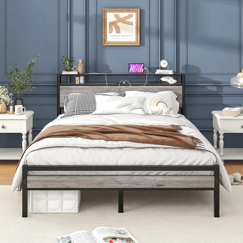 Miniatura 13 de HOJINLINERO Base de cama individual con cabecera de almacenamiento, plataforma de metal con estación de carga, no necesita somier, soporte de Roble