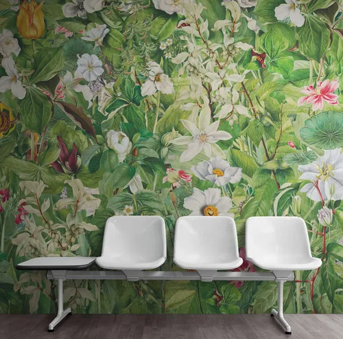 Miniatura 5 de Botanical Vegetation Garden Wall Mural. Color Pencil Artwork of Flower Garden Peel and Stick Wallpaper. Rainforest Jungle Botanical Flowers and
