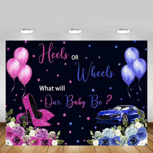 Miniatura 4 de MEHOFOND Talones o ruedas de 7 x 5 pies, fondo de revelación de género, globos fucsia o azul, sorpresa de género floral, baby shower, fiesta, mesa