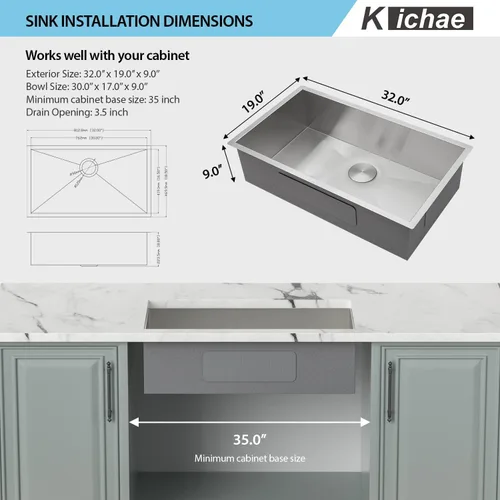 Miniatura 6 de Kichae fregadero de cocina bajo encimera de 32 pulgadas, de un solo tazón, de acero inoxidable, calibre 16, de esquina redonda, hecho a mano